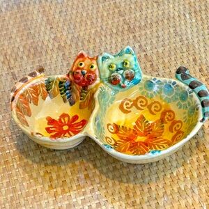 Modigliani Via Condotti Roma Italy Cat Double Bowl Pottery Nut or Trinket dish